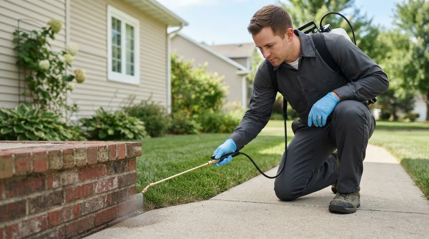 Pest control technician treating a home near Richmond, KS